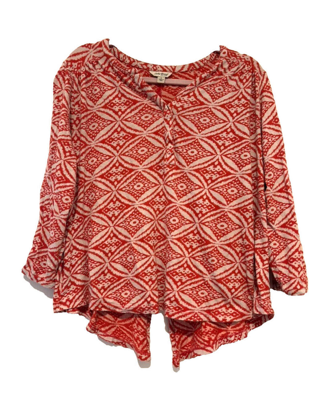 Lucky Brand sz L orange/red patterned 3/4 sleeve‎ cotton blend boho blouse E